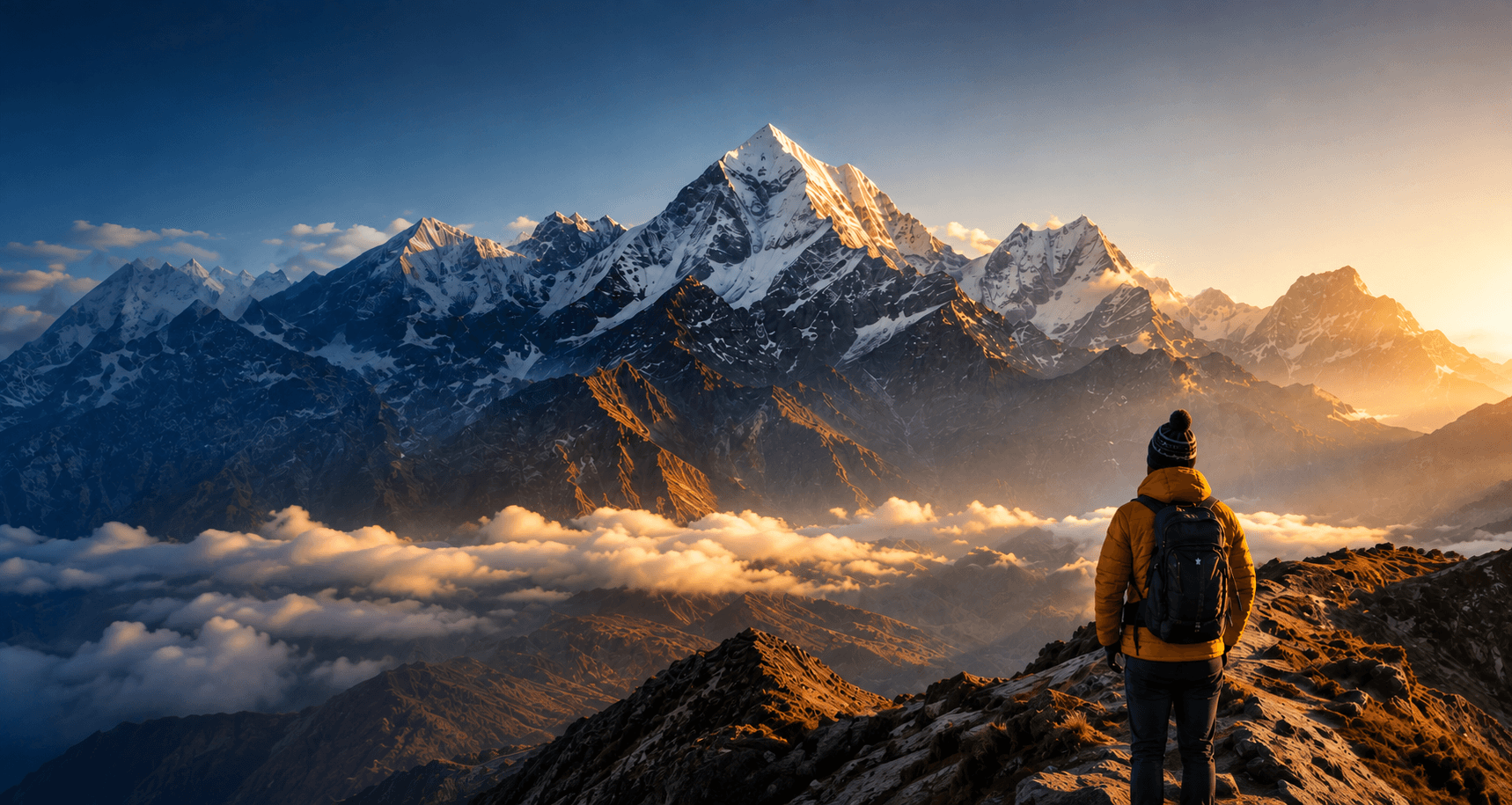 Trekker overlooking the Himalayas at sunrise